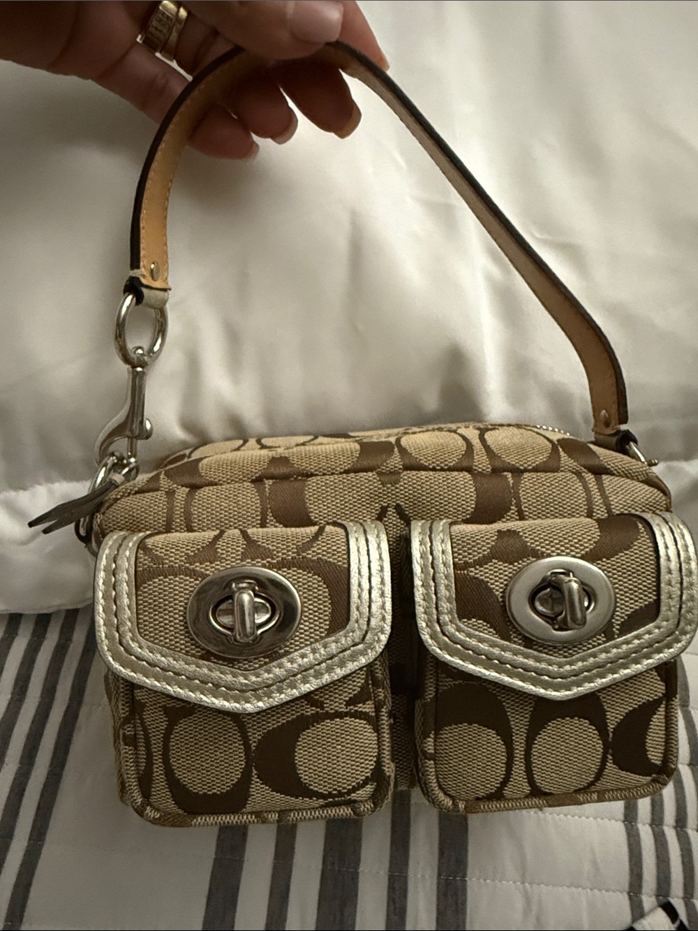 COACH MINi Legacy Y2k HoBo turn lock Satchel  hangbag brown and silver